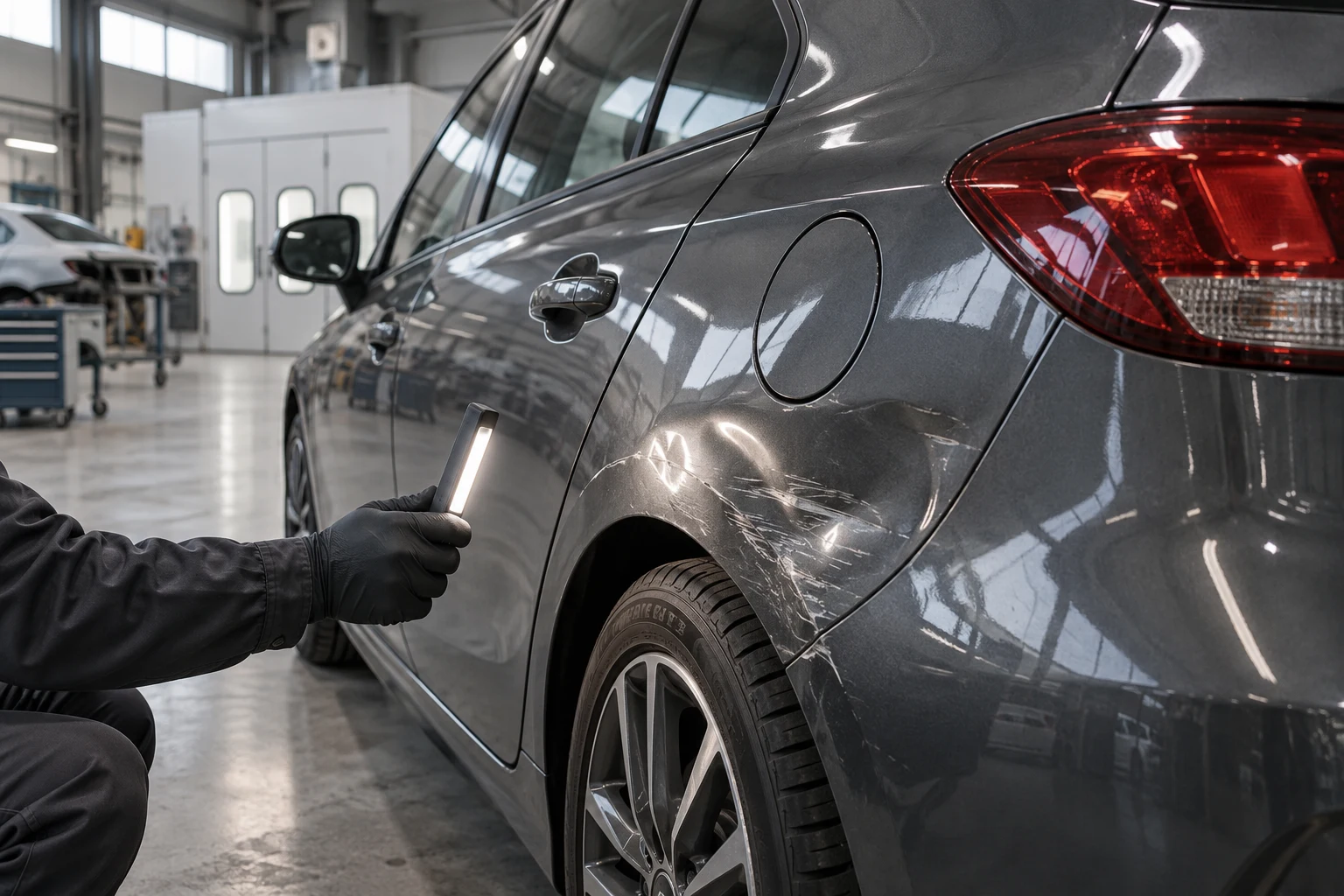 Close-up of a damaged grey vehicle panel in an accident repair workshop
