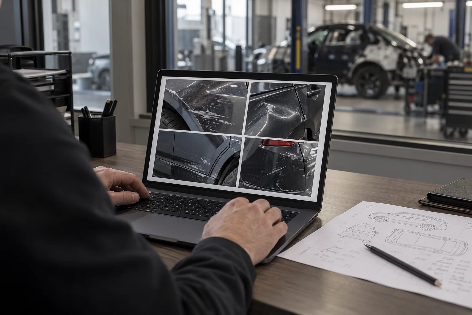 Vehicle damage photographs being reviewed on a laptop beside repair notes